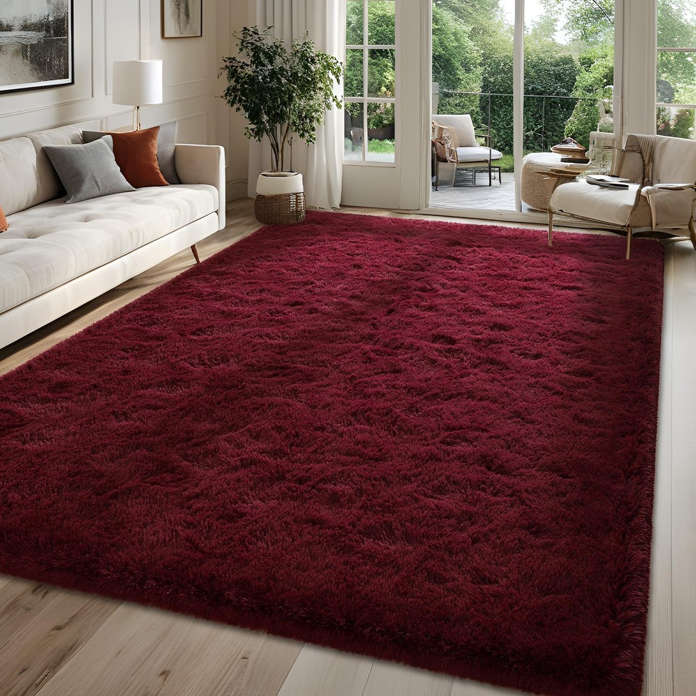 Fluffy Burgundy Red Rugs for Bedroom, 4x6 Feet Dark Red Area Rug for Living R