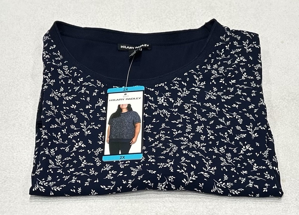 Hilary Radley Women's Short Sleeve Double Layer Blouse, Navy Combo, Size 2X
