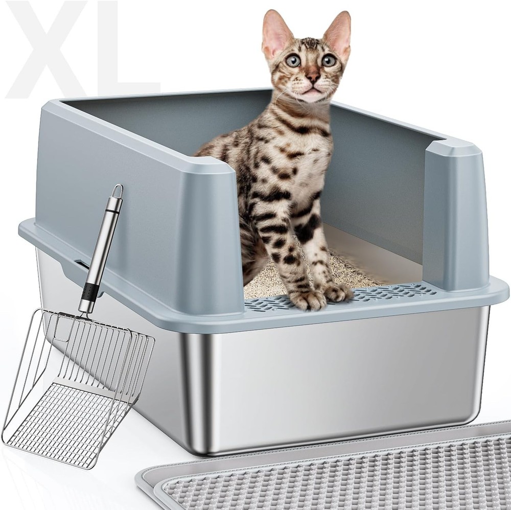 XL Stainless Steel Litter Box, Large Metal Cat Litter Box with High Sided