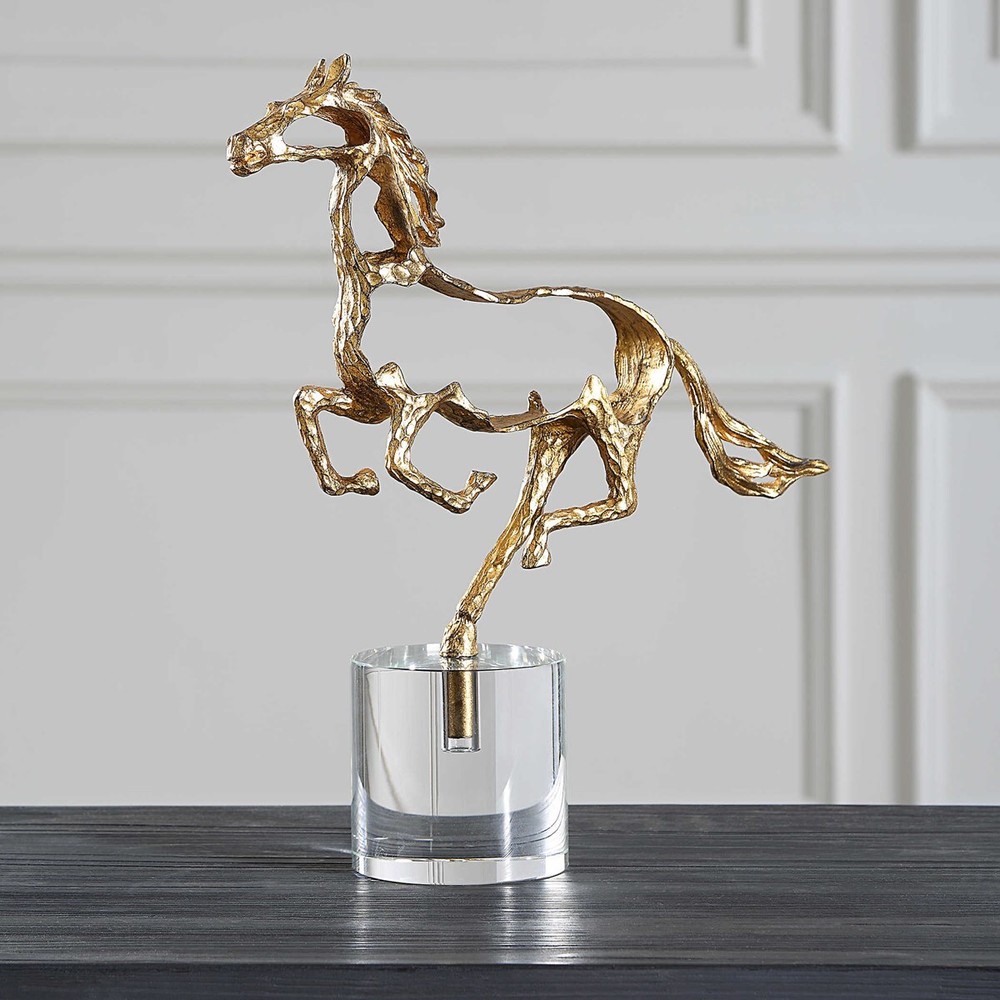 GALLOP MODERN METALLIC GOLD & CRYSTAL BASE TABLE TOP STATUE HORSE SCULPTURE
