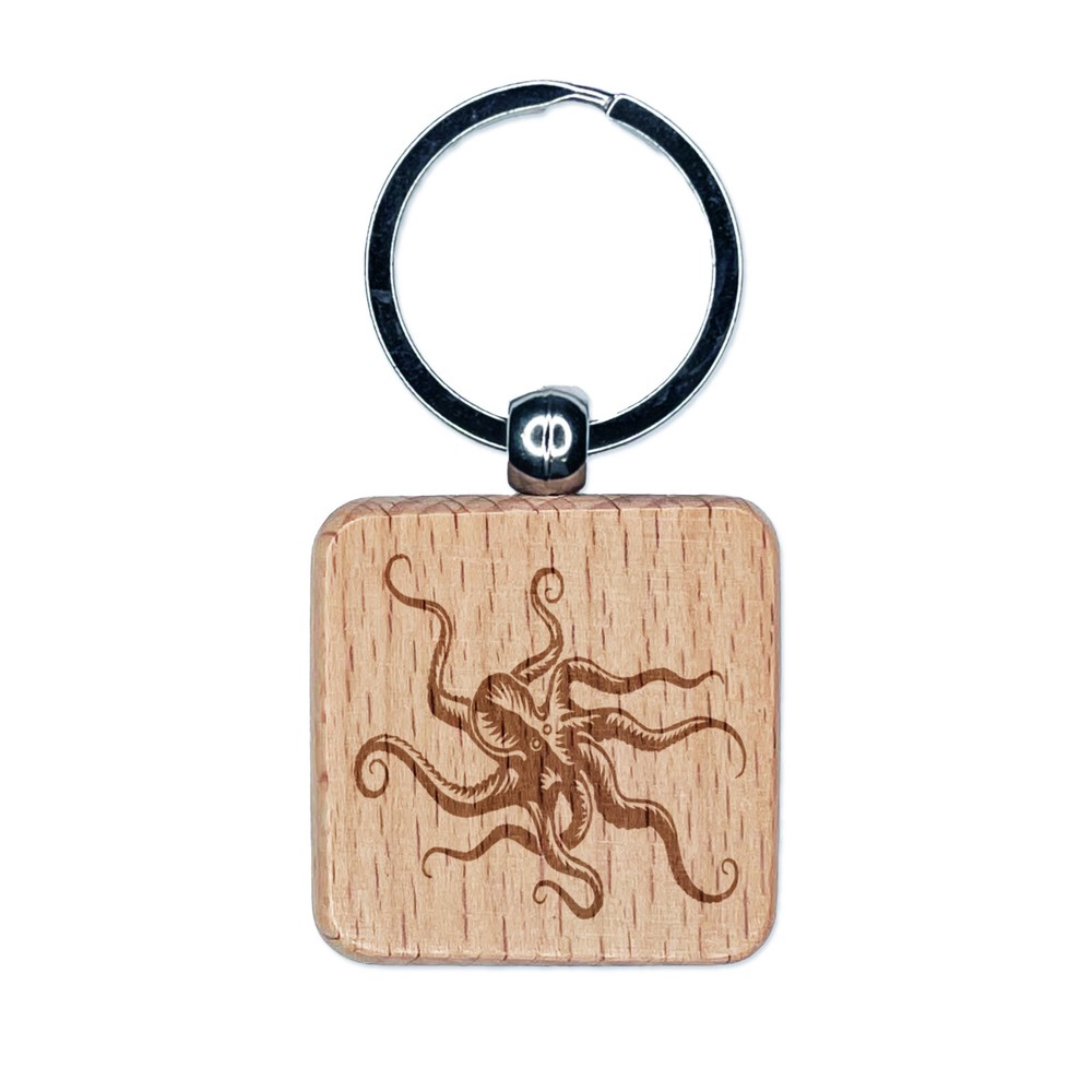 Vintage Octopus Engraved Wooden Keychain Charm