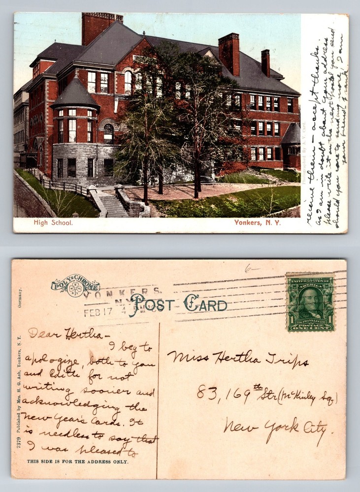 Yonkers, NY-New York, High School Red Brick Building Vintage c1908 Postcard