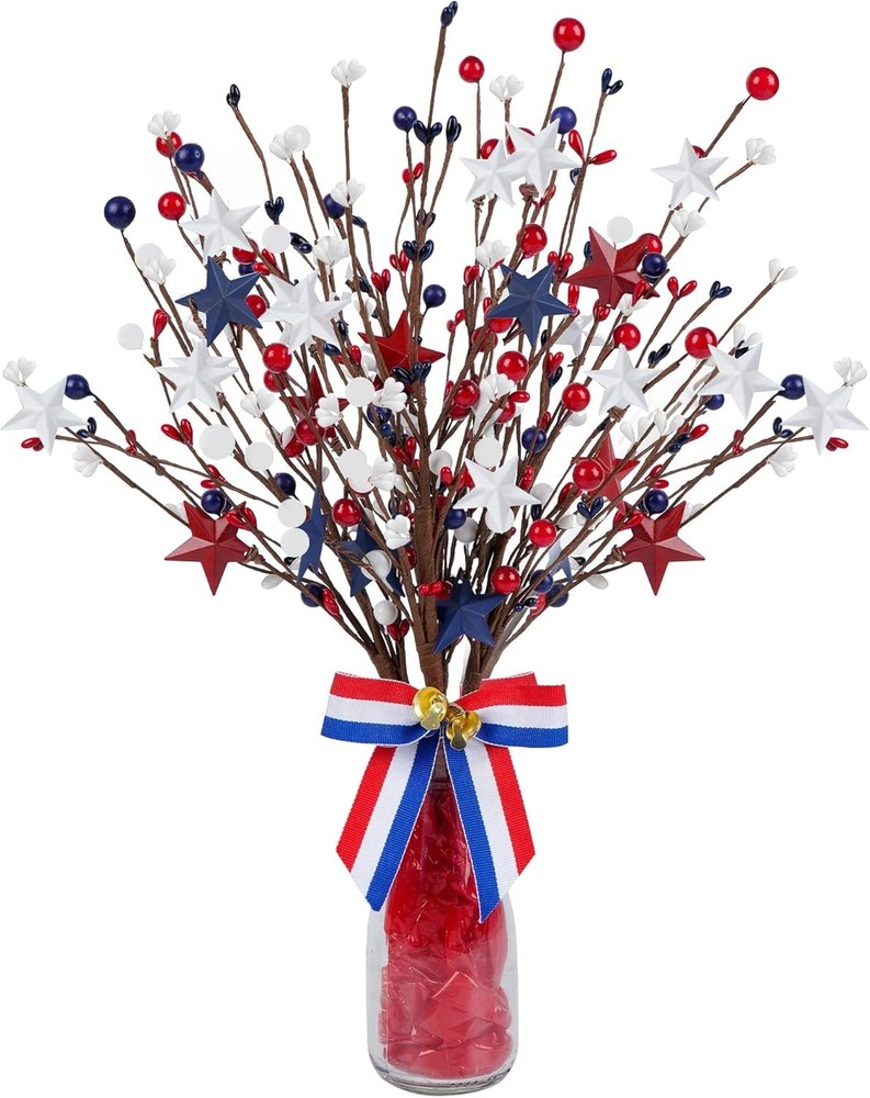 4 Pack Patriotic Artificial Berry Stem Picks White Blue Red Stars for 4th of Jul