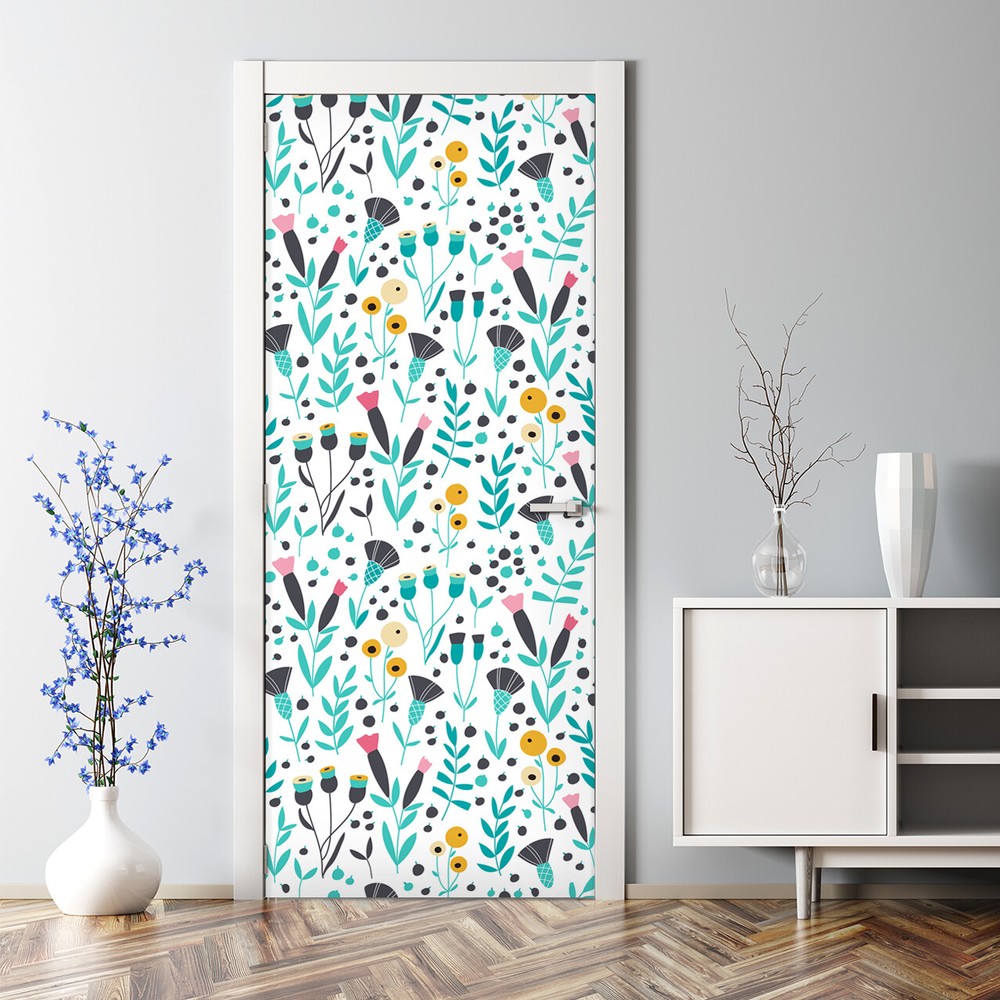 Scandinavian floral Bubble Free Door sticker blue and grey Decal Decor