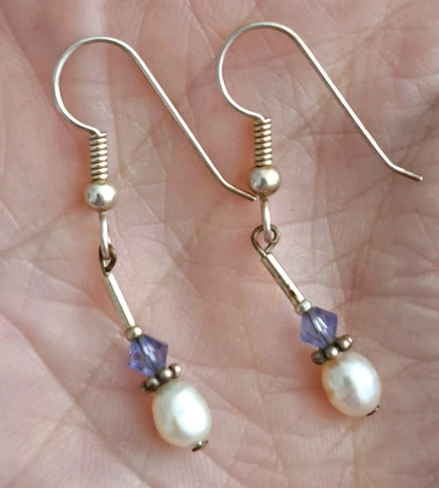 Vintage Sterling Silver Crystal Beaded Earrings Genuine Pearl  .925 dangle