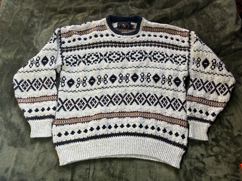 Vintage Grandpa Sweater Mens XL Geometric Heavy Knit Lake Harmony 90s Old Man