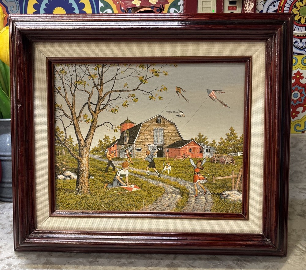 Oil Painting Of Children Flying Kites Signed C Carson Wood Framed 13 X 15