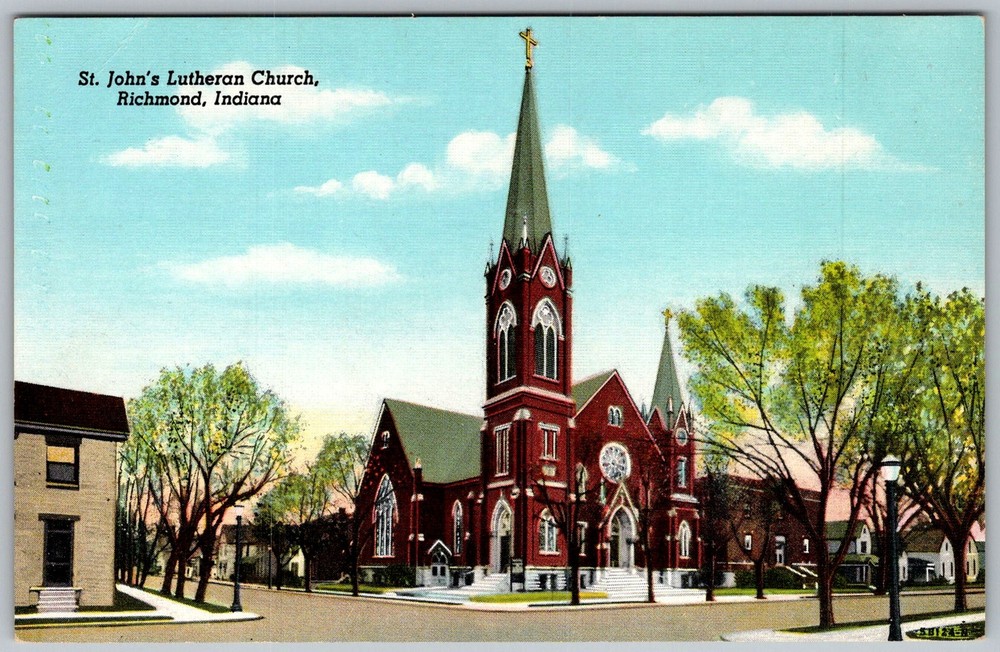 Vtg Linen Postcard St John's Lutheran Church Richmond, 1940s