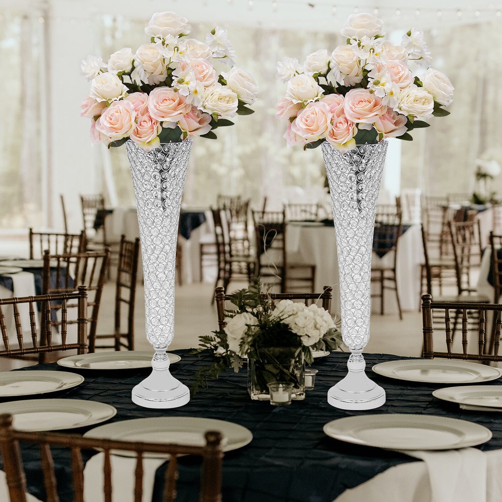 2 Pcs Silver / Gold Crystal Flower Stand Crystal Vase for Anniversary Ceremony
