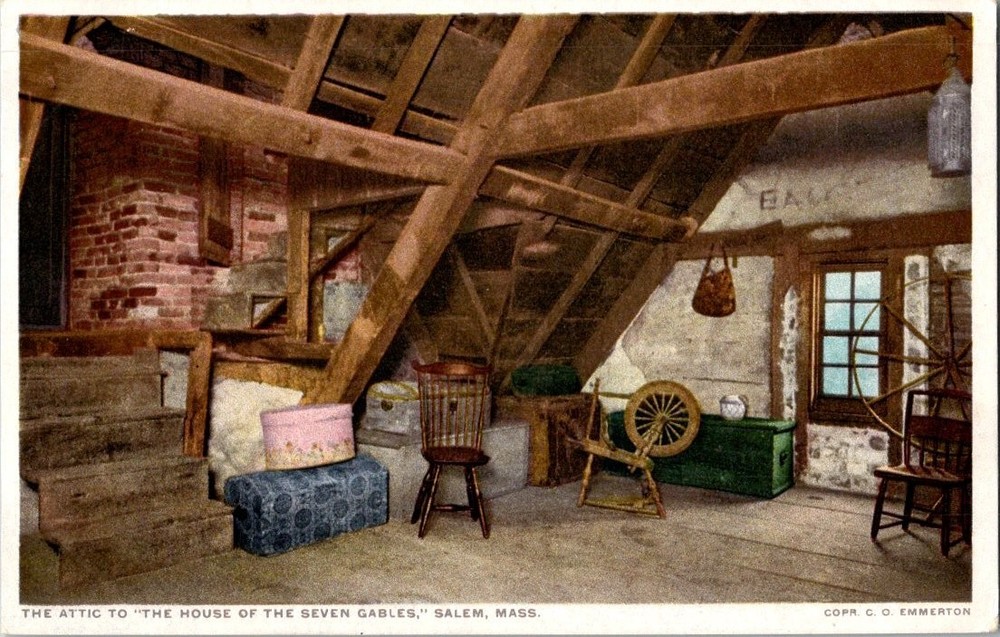 Vintage Phostint Postcard Attic House of Seven Gables Salem MA