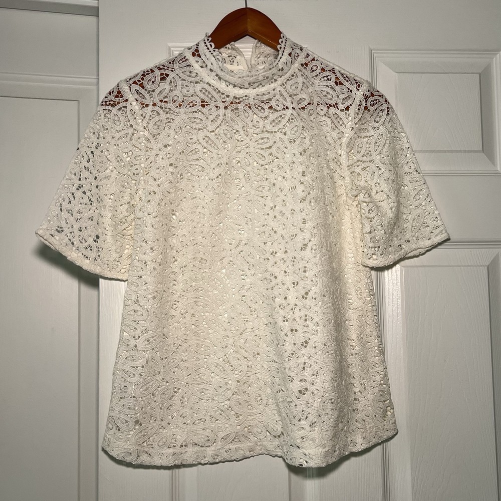 Loft Lace Short Sleeve High Neck Tunic Blouse Short Sleeve Womens Size XS