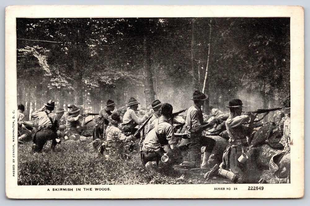 Military~Infantryman In Skirmish In The Woods B&W~Vintage Postcard