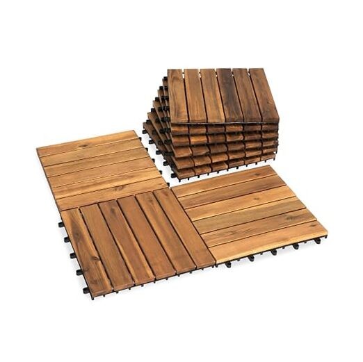 Acacia Wood Patio Deck Tiles 6-Piece Interlocking Slats in Natural Finish-image