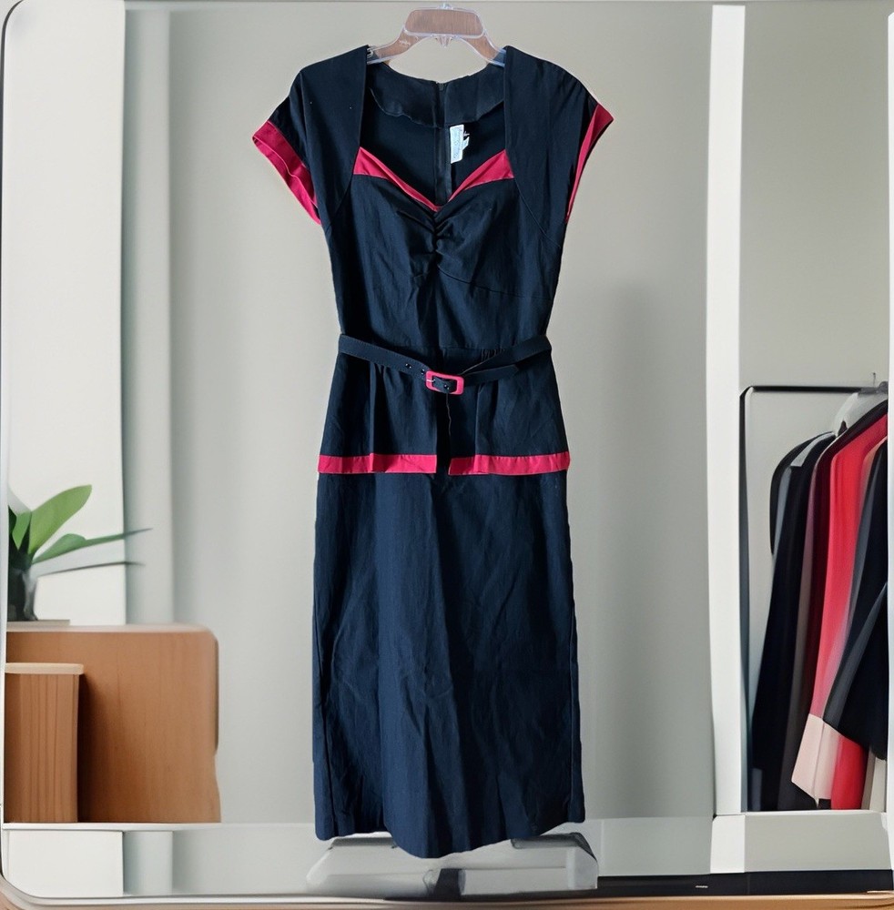 Stop Staring! Pin-Up Wiggle Dress Black Red Trim Peplum Belted 30s Glam S/M