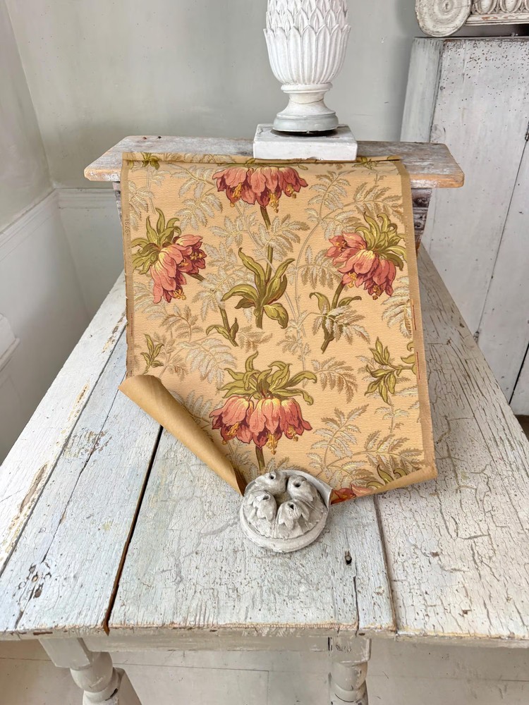 24 inches Antique French Wallpaper c1890 Botanical Floral Bell Flowers Gold Gro