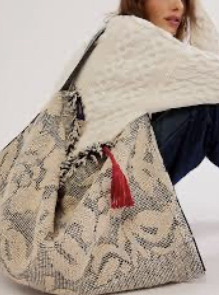 Free People Miramar Slouchy Azulejos Tassel Fray Carryall Bag NWT Textured Print