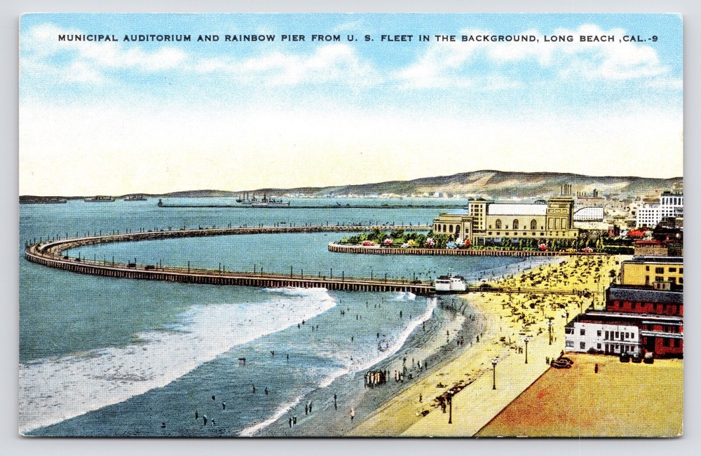 c1940s Municipal Auditorium Rainbow Pier Fleet Long Beach California CA Postcard