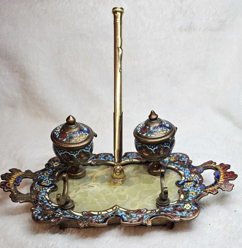 Antique Champlevé Enamel & Green Onyx Royal Desk Set with Solid 14K Gold Pen...