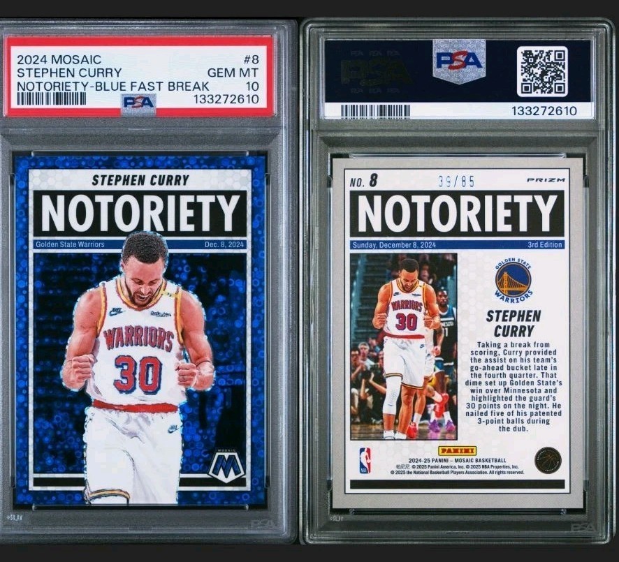 2024-25 Stephen Curry /85 Psa 10 Notoriety Blue Fast Break Disco Panini Mosaic