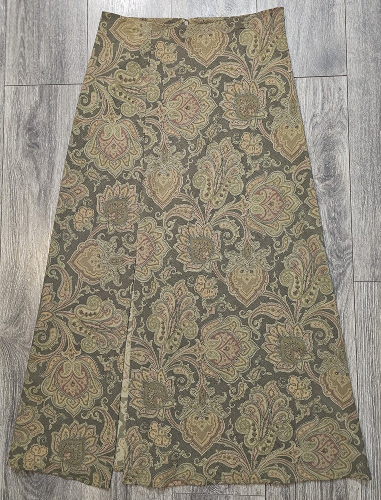 Vintage Y2K DKNY Paisley Print Skirt Midi Front Slit Womens 16x38 Wool Polyester