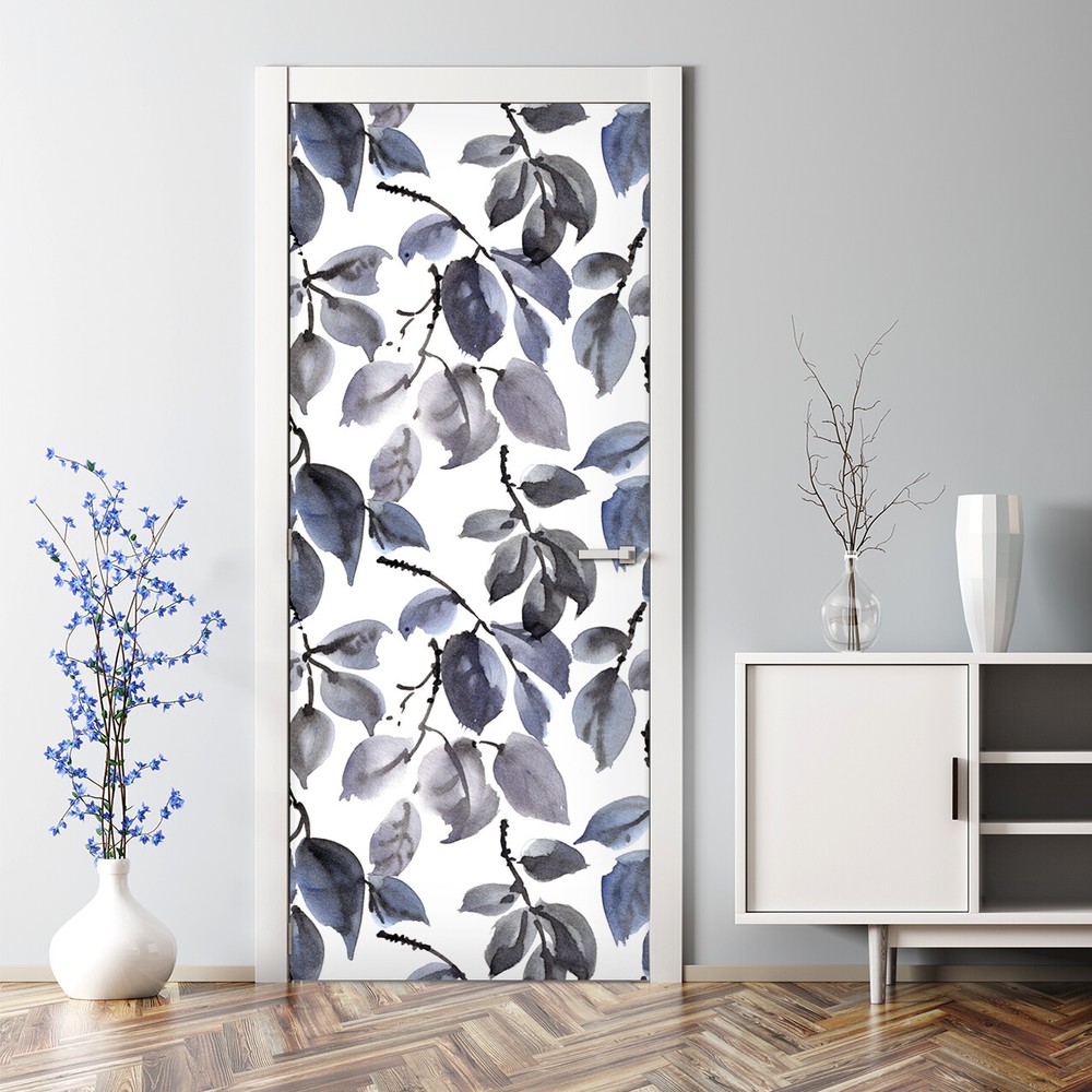 Dark Grey Watercolor Leaves and Branches Bubble-Free Door Sticker