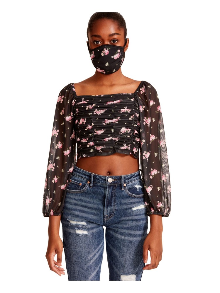 MADDEN GIRL Womens Black Elastic Cuffs Cropped 3/4 Sleeve Peasant Top XL