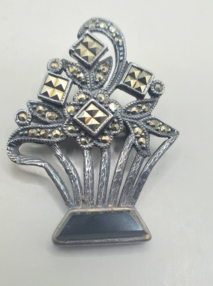 925 Sterling Art Deco Black Tourmaline Marchasite Flower Basket Brooch