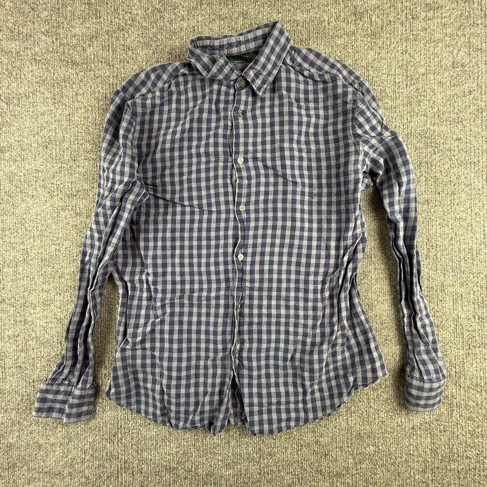Perry Ellis Shirt Mens Large Blue Check Linen Blend Long Sleeve Button Up Casual