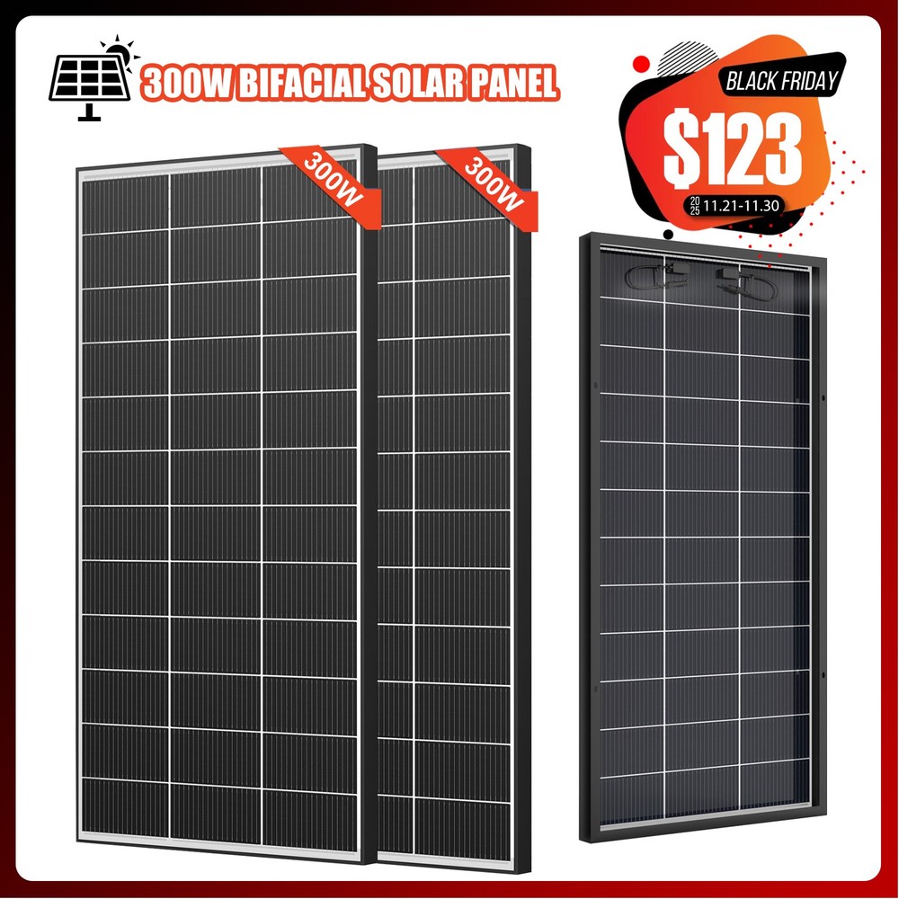 300W (600W) Bifacial Solar Panel Mono 12/24V Charging Camping Home Off-Grid RV