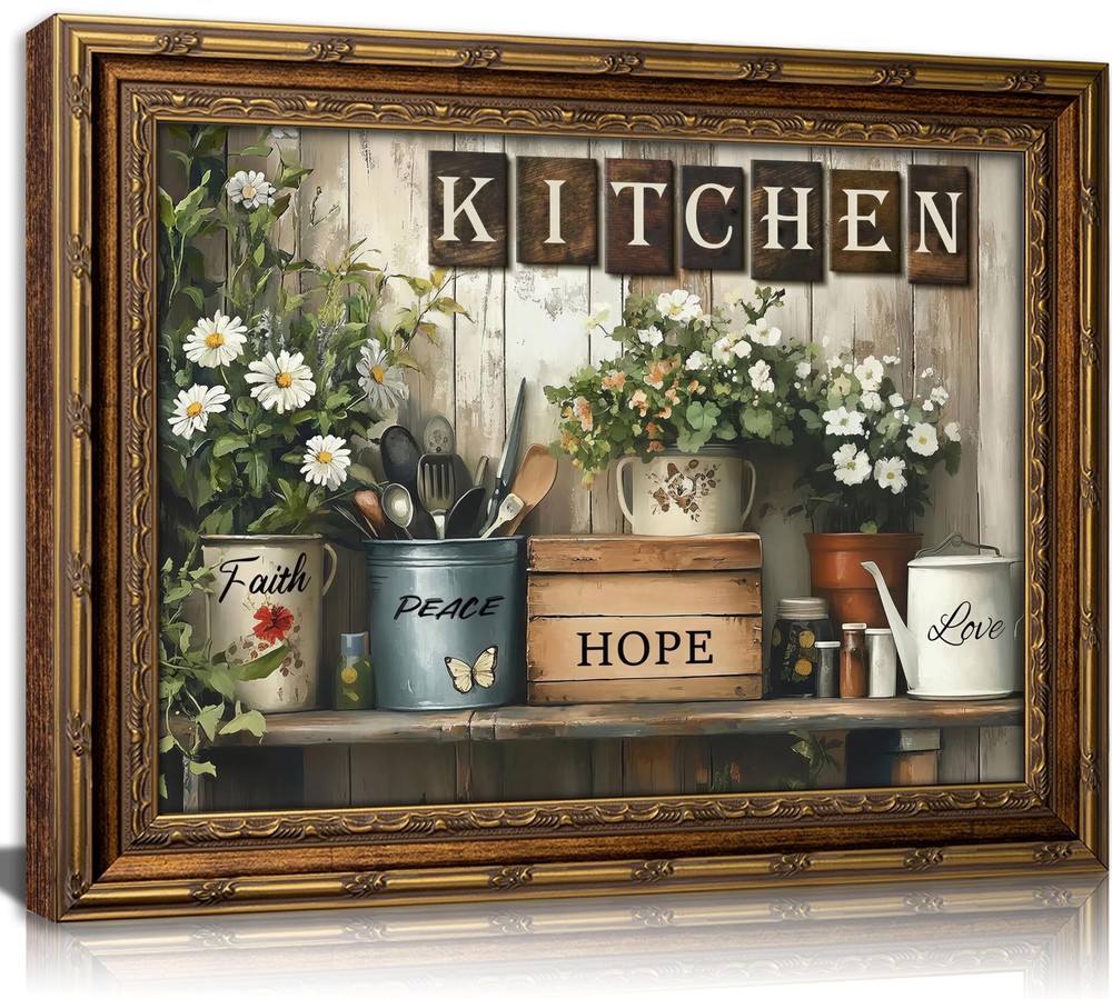 Vintage Gold Framed Canvas Wall Art Farmhouse Rustic Kitchen Painting Picture...