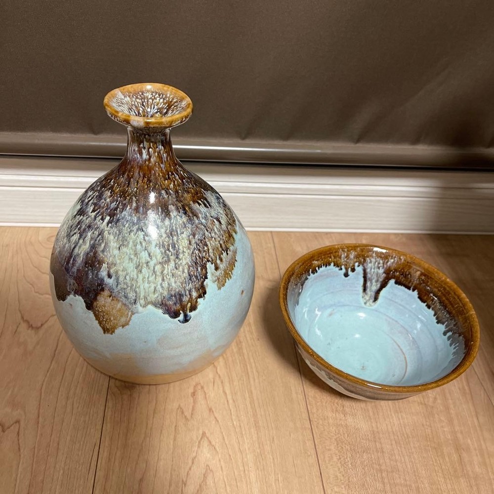 Shigaraki Ceramic Vase and Bowl Set Blue Brown Gradient Fine Pottery