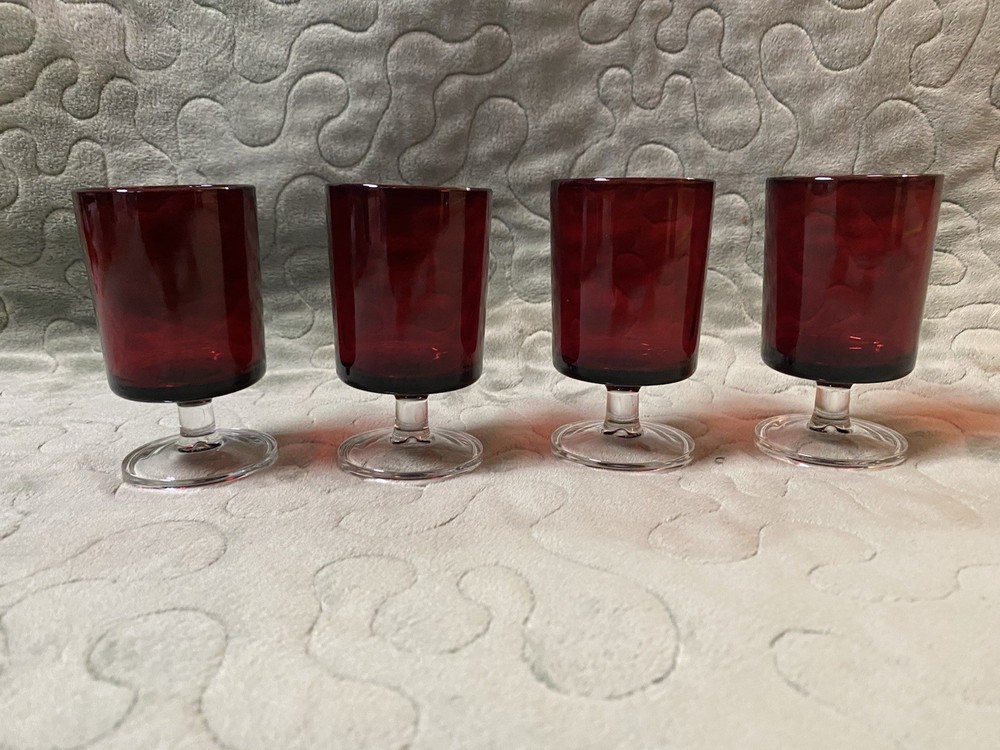 4 VTG CRISTAL D'ARQUES-DURAND Ruby Red Glass Cranberry Cordial Dessert France