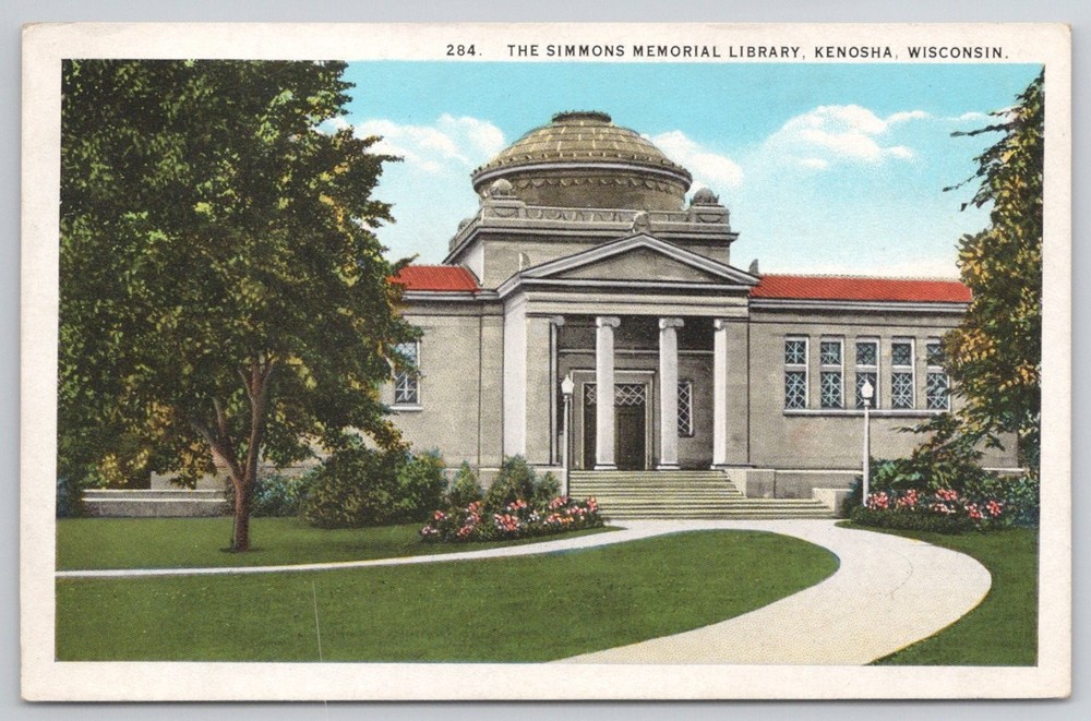 Simmons Memorial Library Kenosha WI Vintage Linen Postcard E. A. Bishop