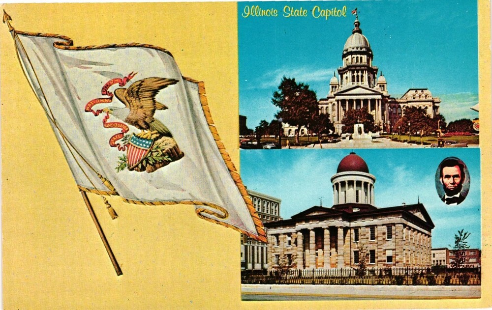 Vintage Illinois State Flag Postcard Featuring Two Historic State Capitols in Springfield