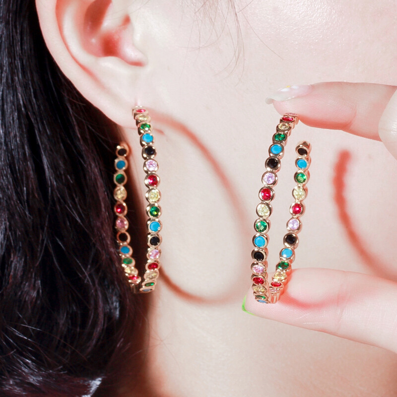 Women Chic Gold Plated Multicolor Round Cubic Zirconia Big Circle Hoop Earrings