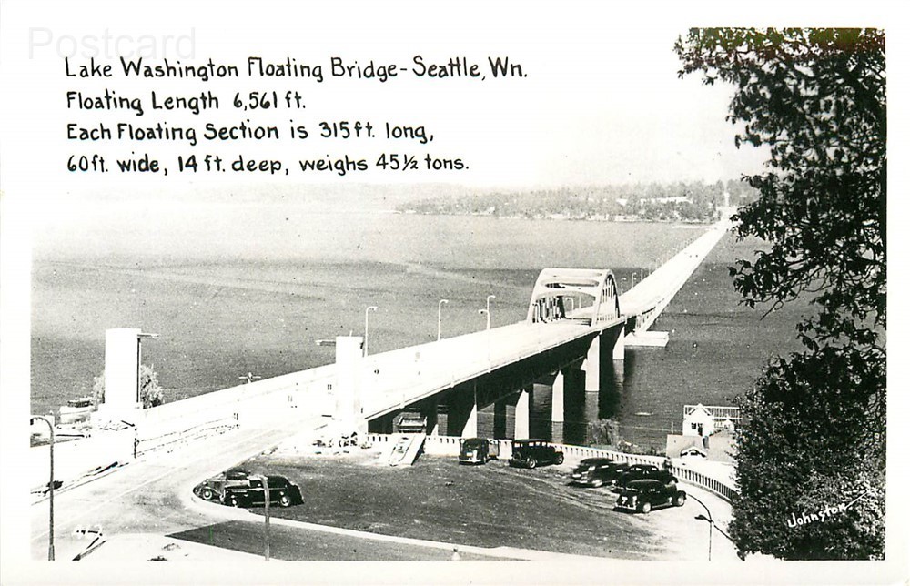 WA, Seattle, Washington, Lake Washington, Floating Bridge, Johnston, RPPC