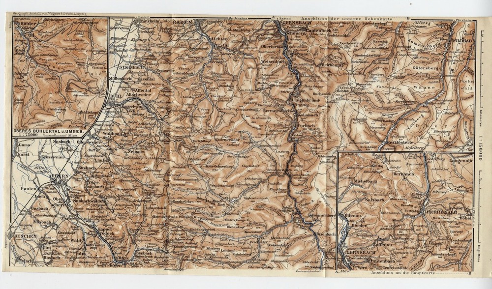 1911 Antique Map Of Vicinity Of Baden-Baden Achern Baden / Germany