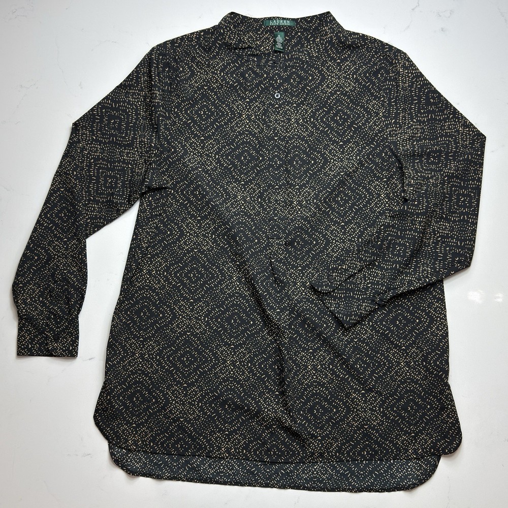 Lauren Ralph Lauren Womens Pullover Blouse Long Sleeve Black/Tan Print Size XL
