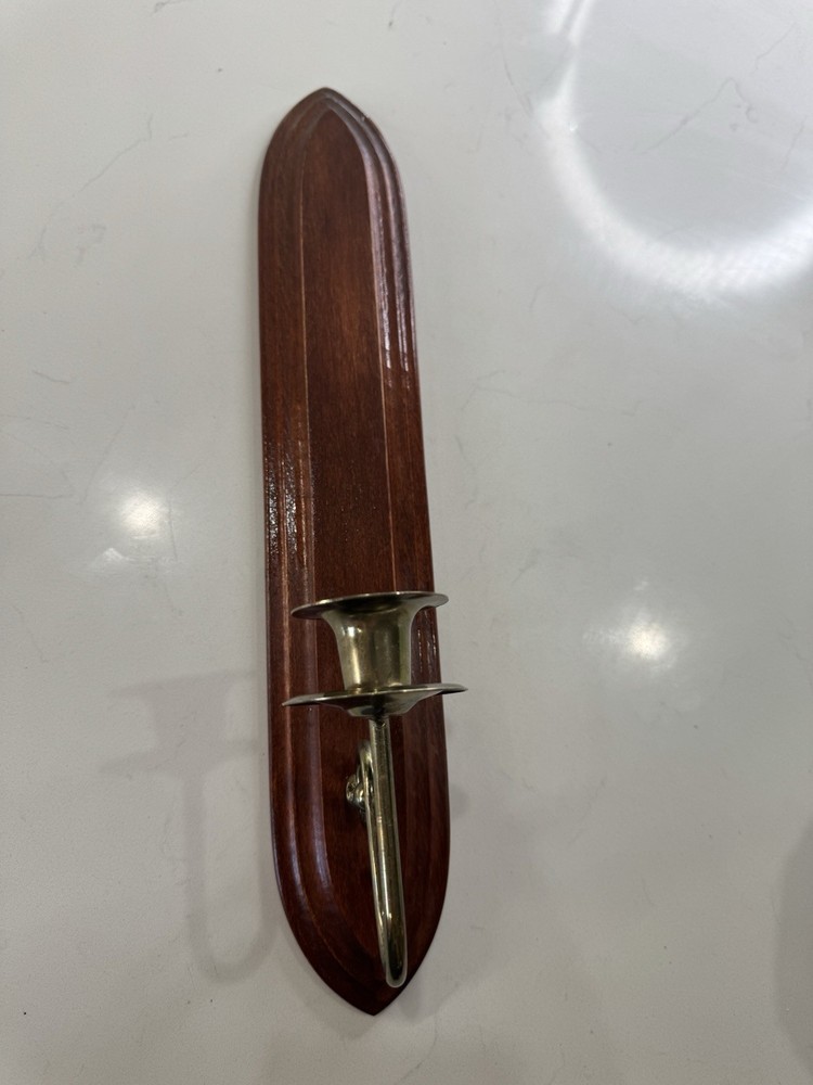 Vintage Long Wood & Brass Wall Sconce Homco Home Interiors.