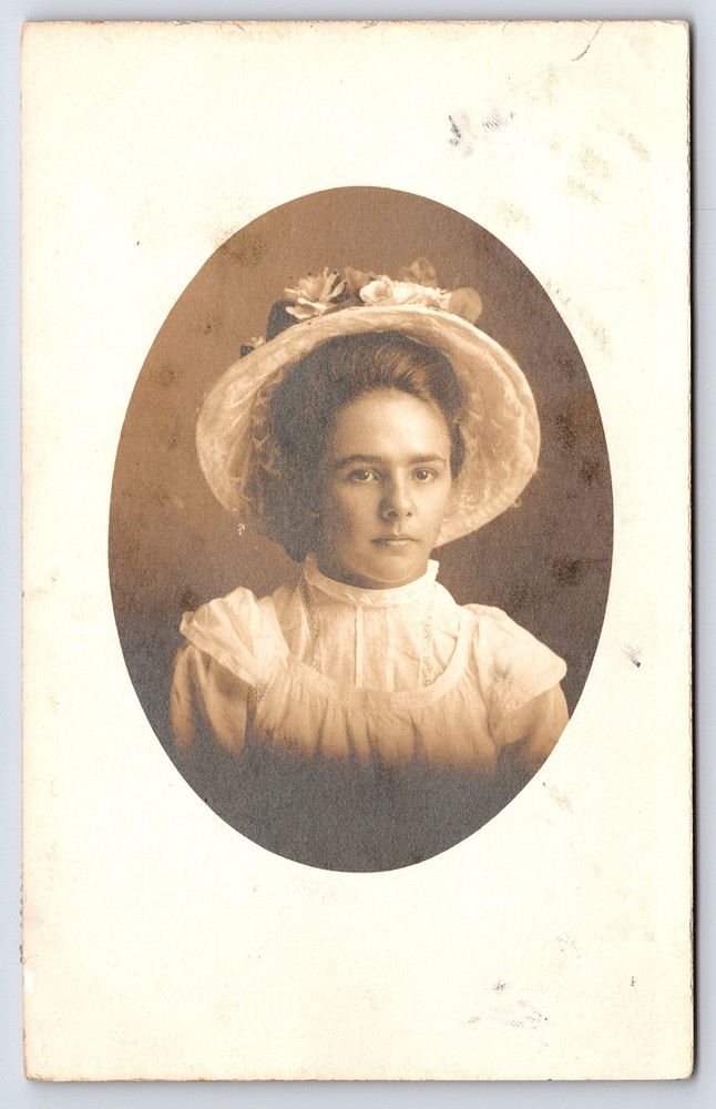 Antique Vintage Real Photo Postcard Picture Portrait Girl Lady Dress Hat Oval