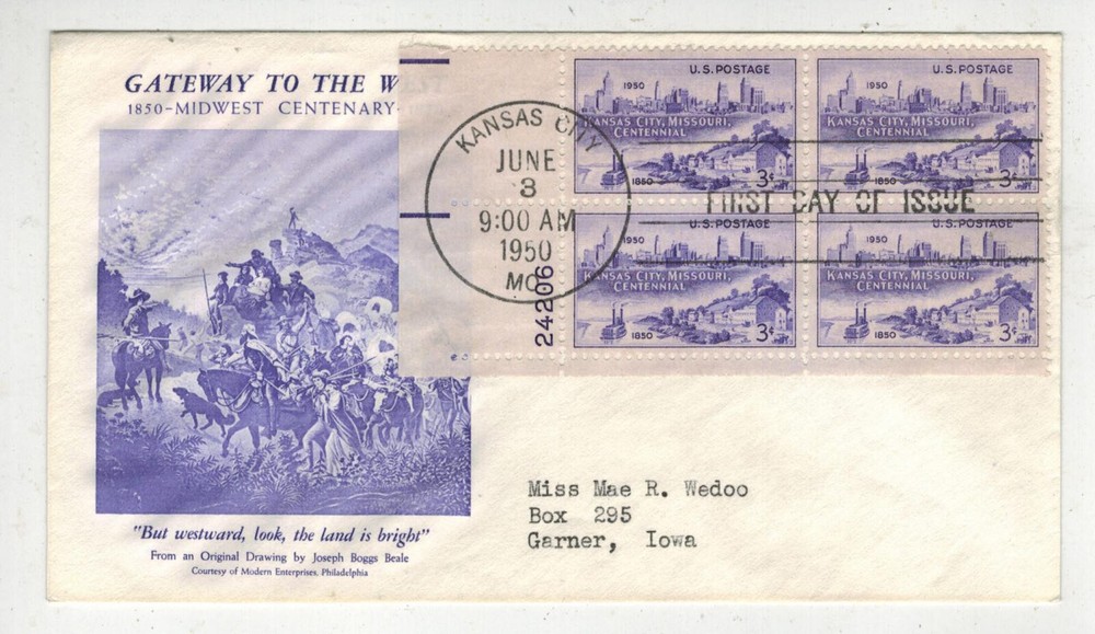 1950 Kansas Gateway to the West Plate Block FDC 994 Grimsland Lower Left Stamp