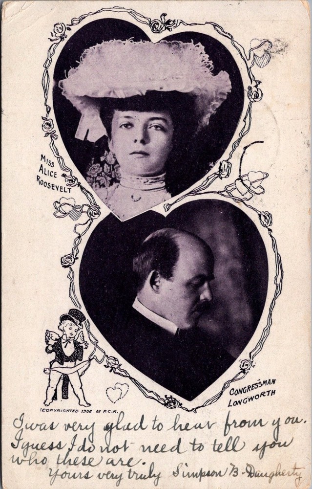 1906 Alice Roosevelt & Congressman Longworth Antique Postcard PA to IN