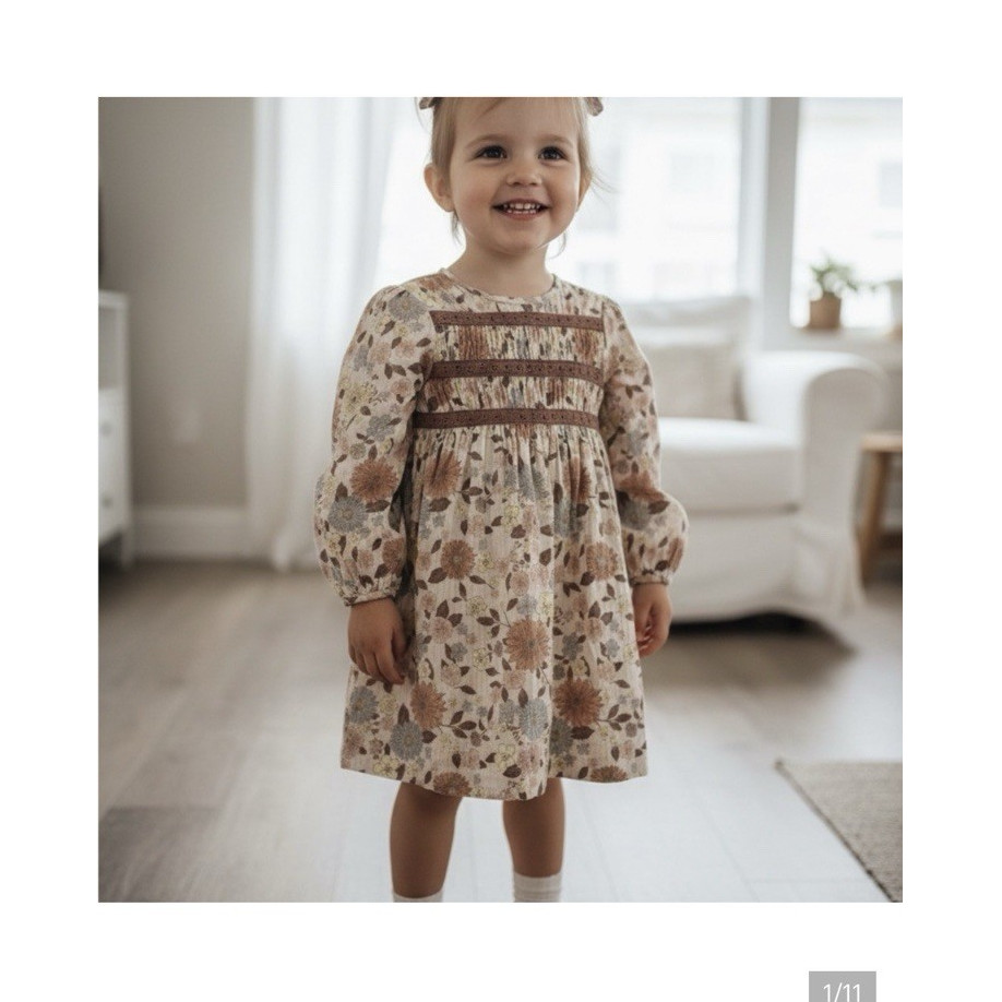 Zara Girls Beige Brown Blue Yellow Floral A-Line Smocked Dress 3Y Cotton Lace