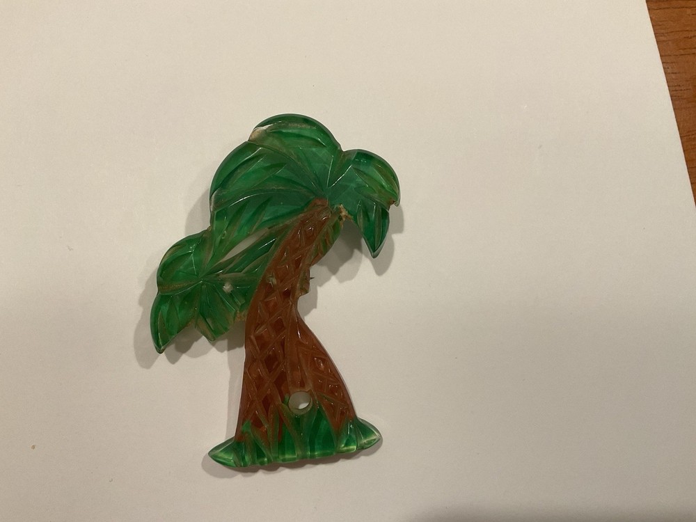 Reverse Painted Lucite Carved Vtg. Brooch / Pin Palm Trees Brown & Green 1940s
