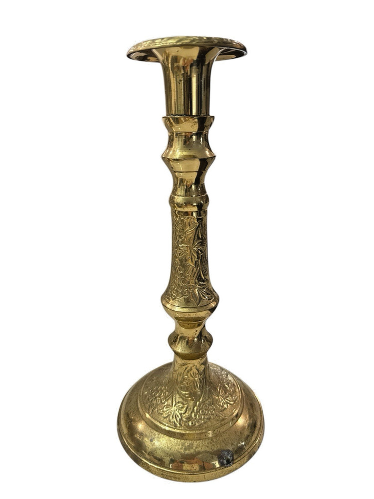 Vintage Art Deco Single Brass Candlestick Carved Candle Holder Hollywood Regency