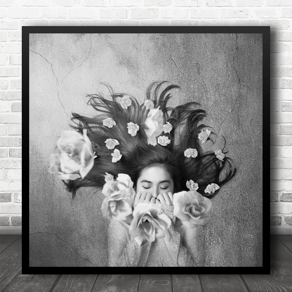 Hair Flowers Flower Portrait Crack Rose Roses Mood Emotion Square Wall Art Print