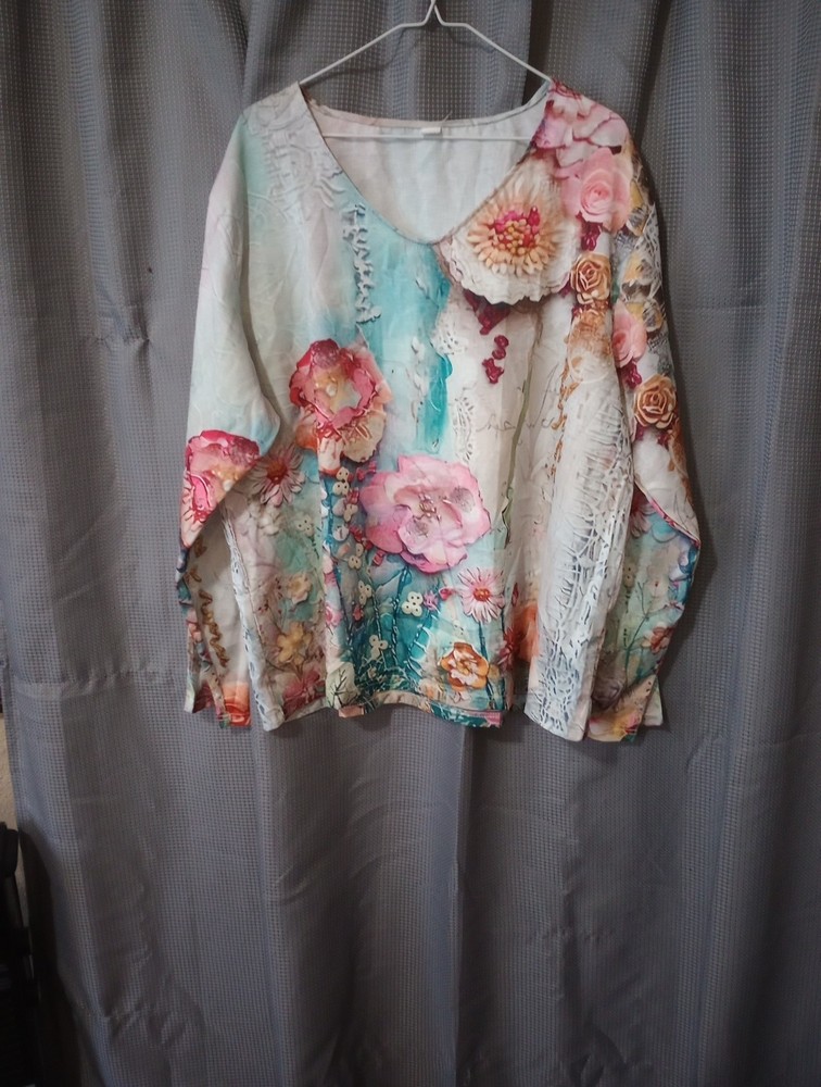 Women's Floral Print Long Sleeve V-Neck Blouse Multicolor, Size 2XL