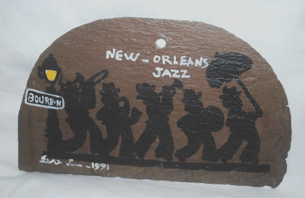 New Orleans Jazz, artwork on vintage French Quarter roof slate tile, Eva Lewis