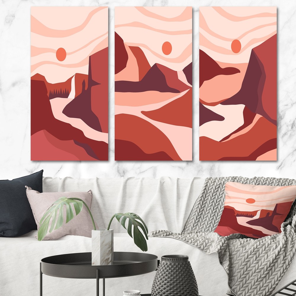 Abstract Landscape Art in Vibrant Red and Pink Tones - Designart Collection I