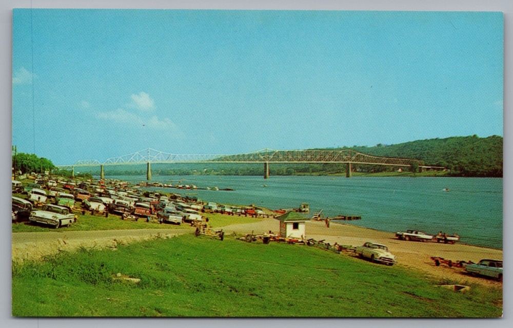 Ohio River, Boats, Cars, Bridge in Madison, IN. Vintage Postcard TS-169